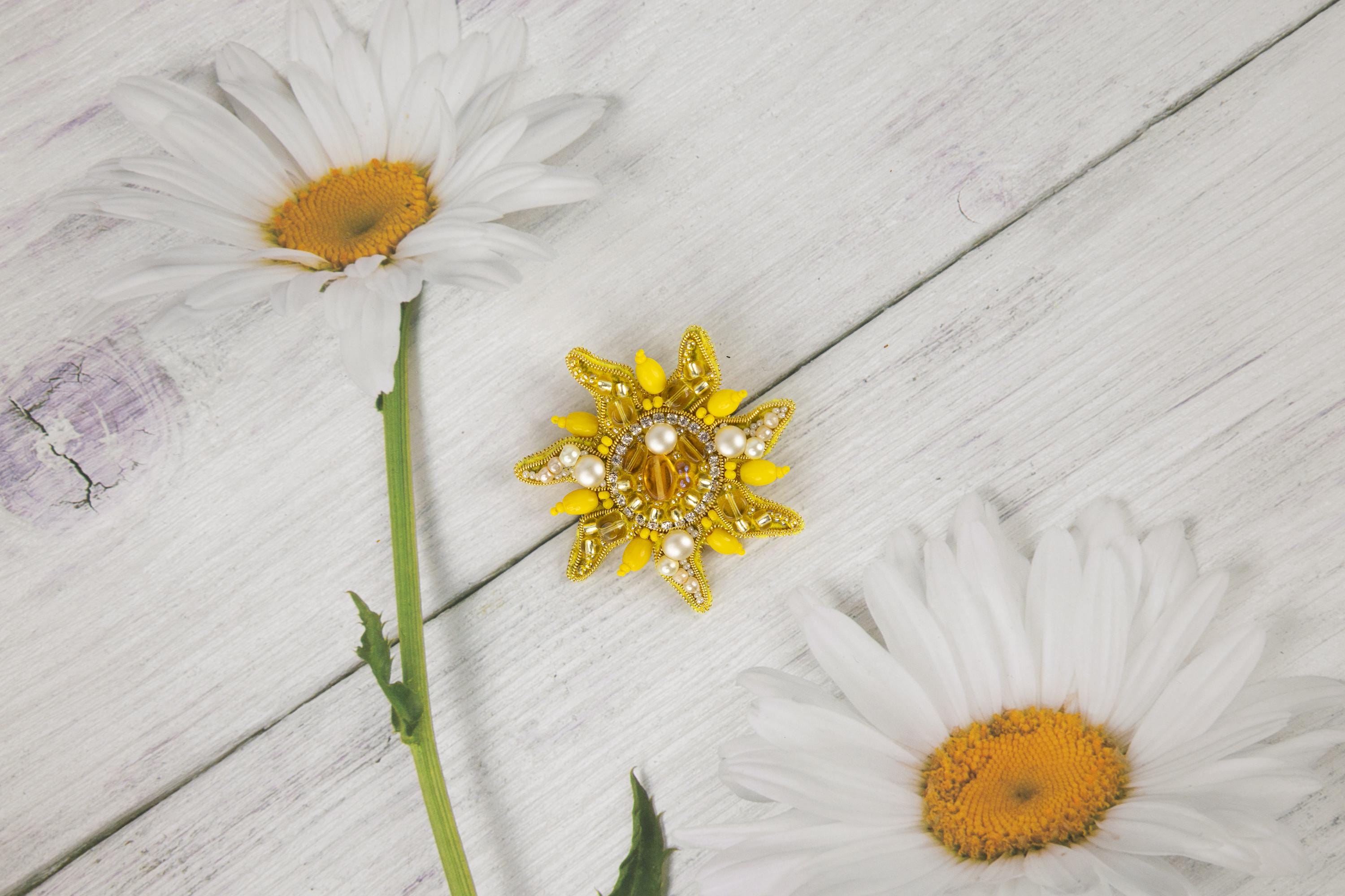 a close up of two flowers on a table